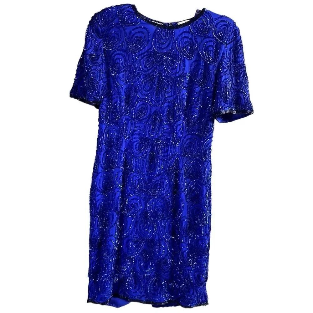 STENAY Vintage 100% Silk Sequined Royal Blue Cocktail Dress Above Knee Size 10